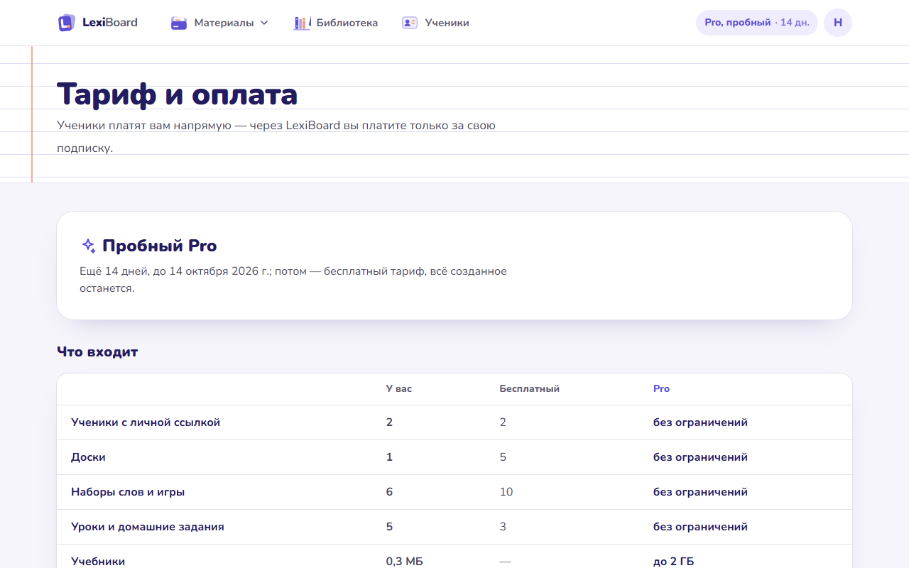 Страница «Тариф и оплата»